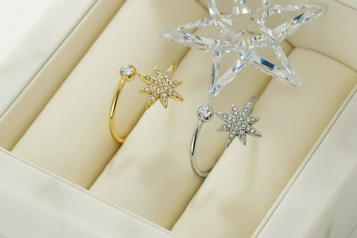 Bague Étoile du Nord Ajustable • Strass Scintillants • Aurora