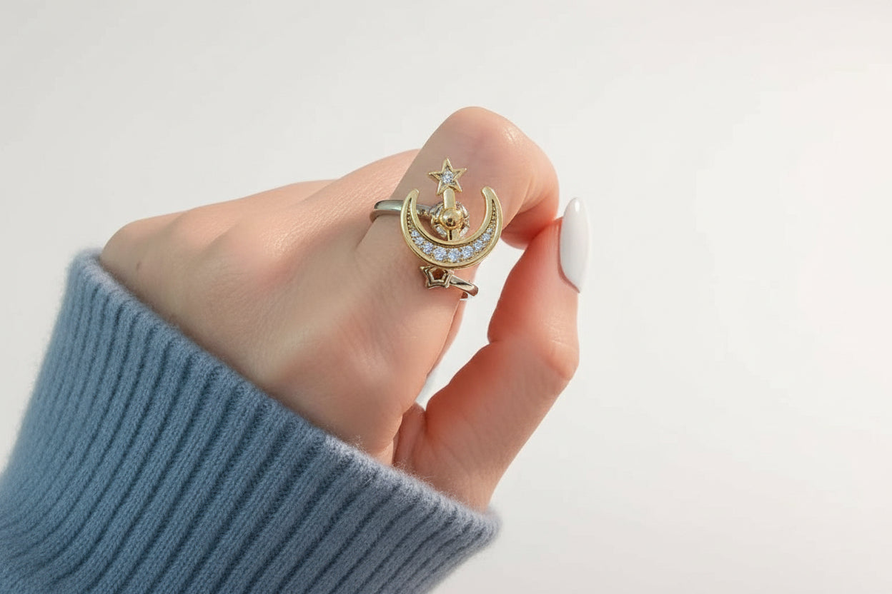 Bague Spinner Étoile & Lune Ajustable • Anti-stress • Aurora
